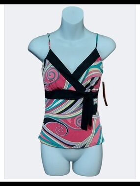 NWT Colorful Swanky Wrap-Front Tank Top with Black Trim
